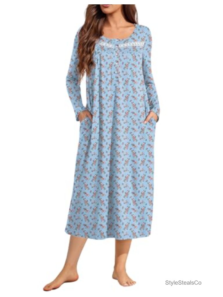 Long Sleeve Nightgown With Pockets - Women's Sleepshirt